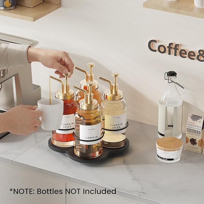 THYGIFTREE Rotating Coffee Syrup Organizer 4 Bottles Syrup Rack for Countertop Wood Bottle Holder Stand for Coffee Bar Station, Black