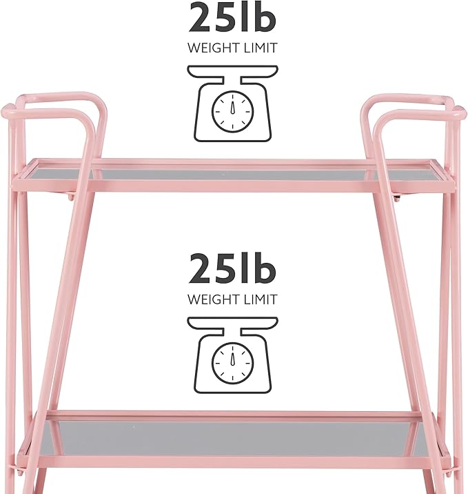 Gina Pink Mid-Century Bar Cart with Mirrored Shelves and Locking Wheels by Linon