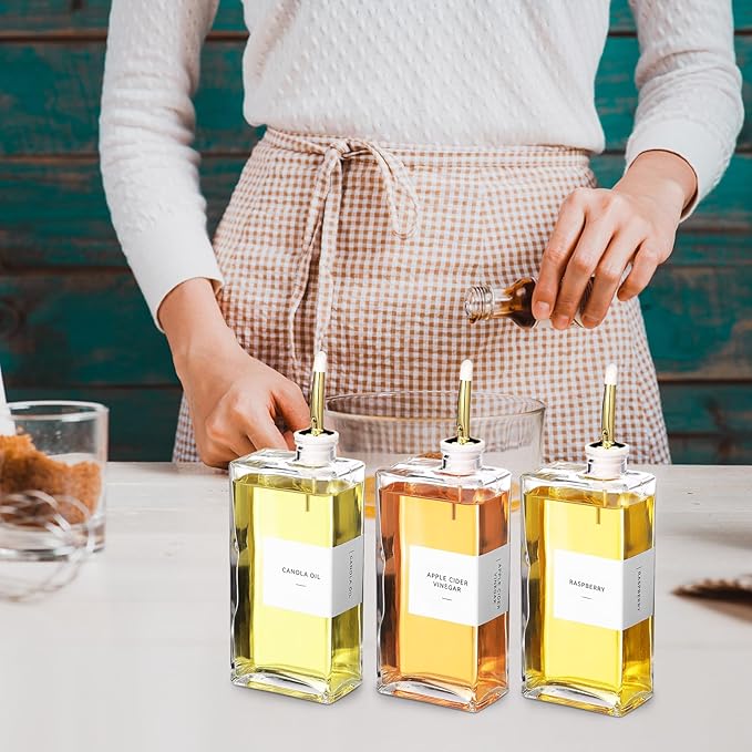 3 Sets Olive Oil Dispenser Bottles for Kitchen with Nozzles Funnel Labels Cooking Oil Dispenser 500ml Set for Kitchen Vinegar Coffee Syrup (Gold)