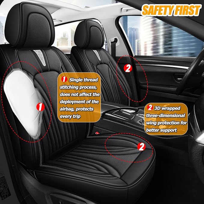 Car Seat Covers for 2 Seats - Nappa Leather 3D Foam Back Support, Super Breathable, All Season Car Seat Cushion with Storage Bags, Universal Fit for Most Cars, Colour- Black