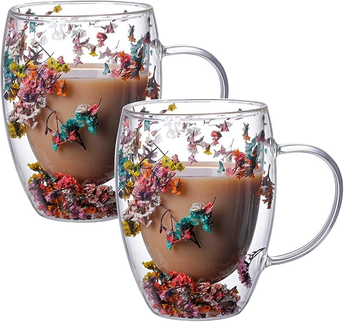 Viovian 13oz Double Wall Glass Coffee Mugs Set of 2 Insulated Glass Coffee Cups with Handles,Clear Dried Flower Tea Mug for for Hot Beverages,Tea Cup Women Birthday Gifts