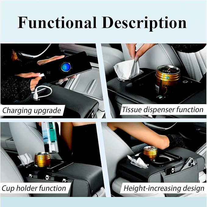 Car arm Rest Cover Pad (Upgraded Type-C), 5-in-1 Center Console Cover with Cup Holder, Tissue Box Slot, Mobile Phone Storage Slot, Suitable for Most Car Console Organizer , 13.8''x7.1''x3.0'', (Black)