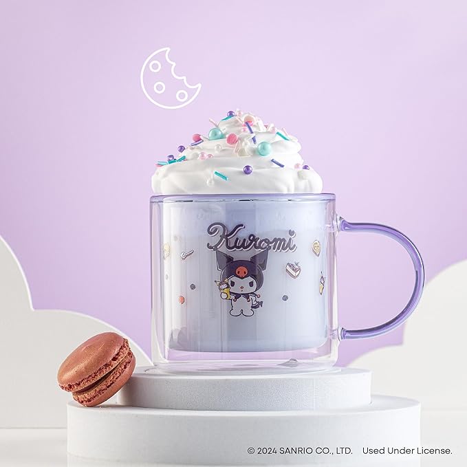 JoyJolt Hello Kitty Double Wall Insulated Coffee Mug ft Kuromi, 13.5 oz Glass Cup, Cute Drinking Glassware ideal for Latte, Iced Coffee, or Tea, Kawaii Hello Kitty Merch, Sanrio Accessories