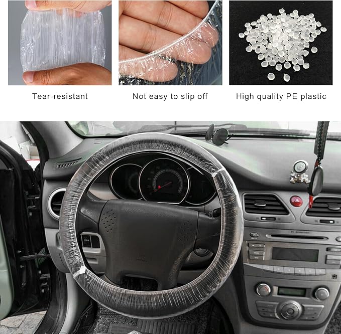 100 PCS Disposable Steering Wheel Cover, Plastic Clear Auto Steering Wheel Protector with Elastic Trims, Car Steering Protective Cover for Vehicle Oil Changes Body Shops