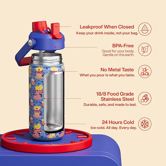 Kids Insualated Water Bottle with Straw,18oz Stainless Steel Water Bottle with Dual Spouts, Leak-Proof,BPA-Free,Double Wall Vacuum Keeps Cold for 24 Hours for Sports,Travel,School (Blue Hippo Parade)