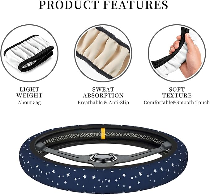 Stars Navy Blue White Car Steering Wheel Cover, 15 Inch Steering Wheel Cover Stylish Decor for Most Cars