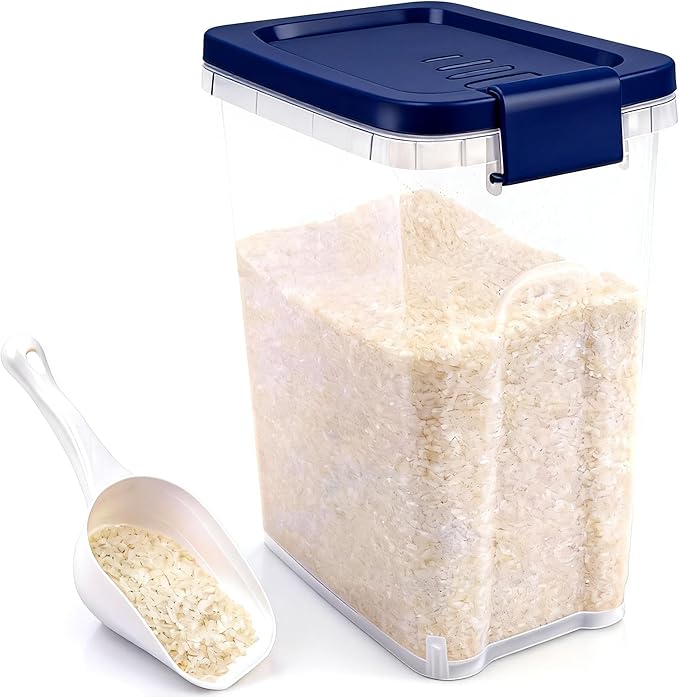 Tight-Lock Rice Container 10-15 Lbs - Airtight Flour Container with Scoop - Plastic Food Storage Container for Cereal, Sugar - Dry Food Dispenser for Kitchen, Pantry Organizers and Storage - Dark Blue