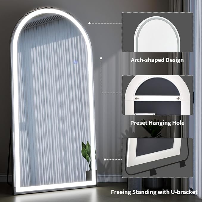 VooBang 71"x32" LED Large Mirror Full Length - Arched Floor Body Mirror with Dimmable Lights - 3 Color Modes, Standing Leaning Wall Mounted for Bedroom, Dressing Room