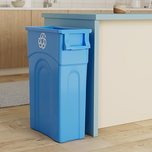 United Solutions Highboy Recycling Bin, 23 Gallon, Space Saving Slim Profile and Simple Bag Removal, Indoor or Outdoor Use, Integrated Handles for Easy Carrying, 4-Pack, Plastic, Recycle Blue