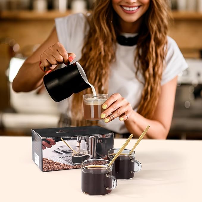 2 Pack Espresso Cups 4 OZ, Double Spouts Cups with Handle and 2 Stainless Steel Spoons, Espresso Shot Glasses, Milk Cup, Clear Glass for Espresso Machine