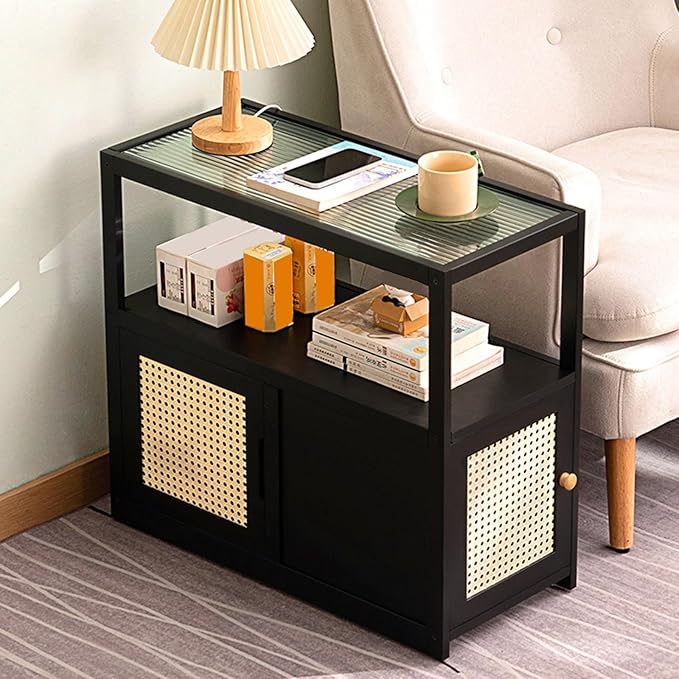 Side Table Glass Top Movable End Table Coffee Station Table, MDF Coffee Bar Stand Cart with Storage Coffee Table on Wheels,for Home Kitchen, Entryway, Living Room,Dining Room(Black)