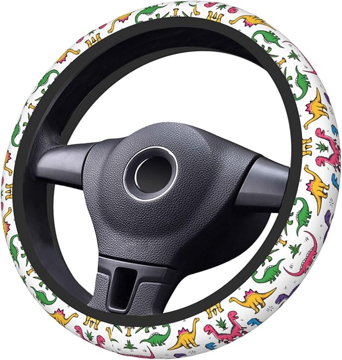 Rainbow Watercolour Dinosaurs Neoprene Steering Wheel Covers Women Men Car Accessories, Universal 15 Inch Fit Auto, Suvs, Truck