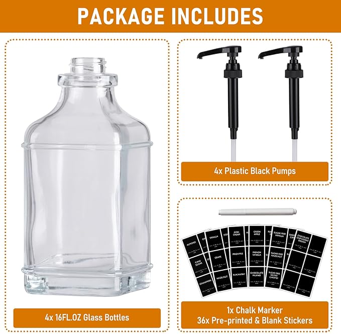 Alotpower 4-Pack 16oz Glass Coffee Syrup Dispenser Bottles, Empty Square Dispenser for Coffee Bar with 1/4oz Pump - Kit Includes 36 Labels & Marker