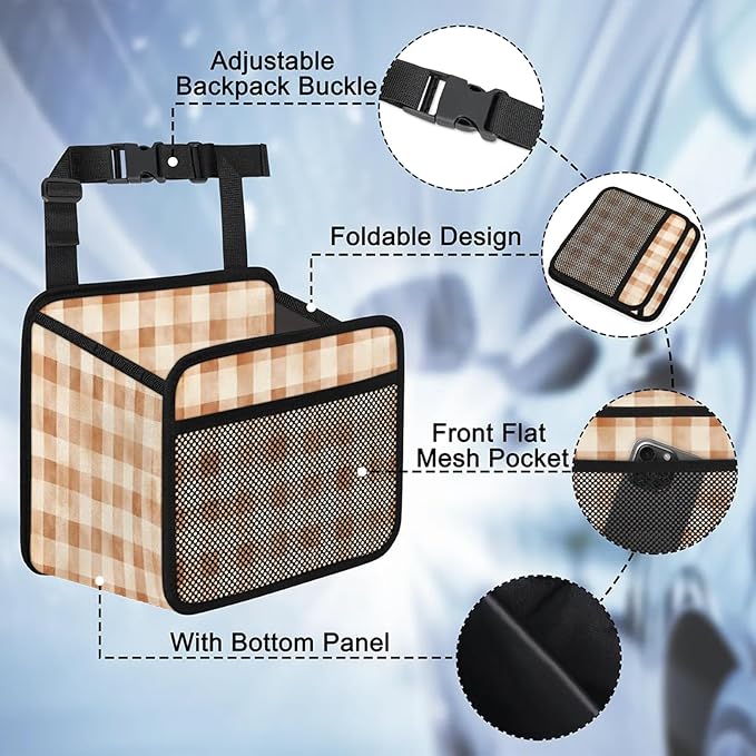 Retro Brown Checkered Car Backseat Organizer PU Leather Truck Back Seat Trash Bag Universal Hanging Storage Box Travel Accessories Foldable
