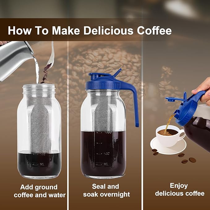 Cold Brew Coffee Maker - 64 Oz Heavy-Duty Glass Mason Jar Pitcher with Stainless Steel Filter, Leak-Proof Lid, Ergonomic Handle & Precision Pour Spout – Ideal for Iced Coffee, Tea, Cold Brew (Blue)