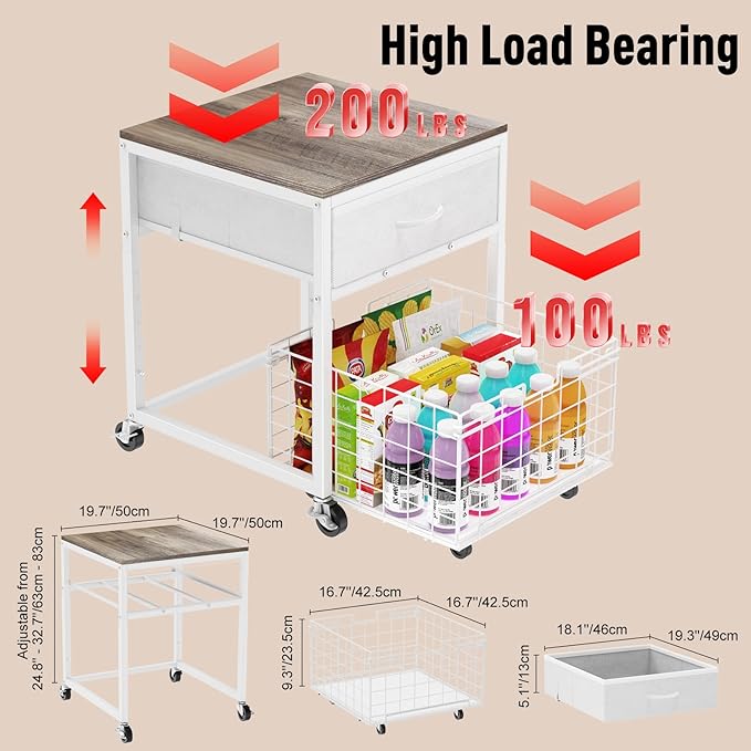 Housolution Mobile Mini Fridge Stand with Storage, Height-Adjustable Mini Beverage Fridge Table, Coffee Bar, 200 lbs Heavy-Duty Compact Refrigerator Shelf with Rolling Cabinet for Kitchen Home, White