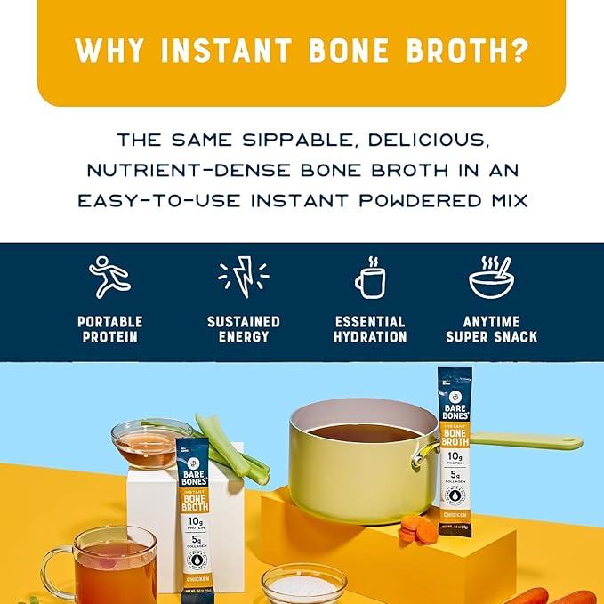 Bare Bones Classic Chicken Bone Broth Instant Powdered Mix Packets | 5g Collagen | 10g Protein | Keto & Paleo Friendly | No Artificial Flavors | Non-GMO, Gluten-Free, Dairy-Free on-the-go 16 Pack