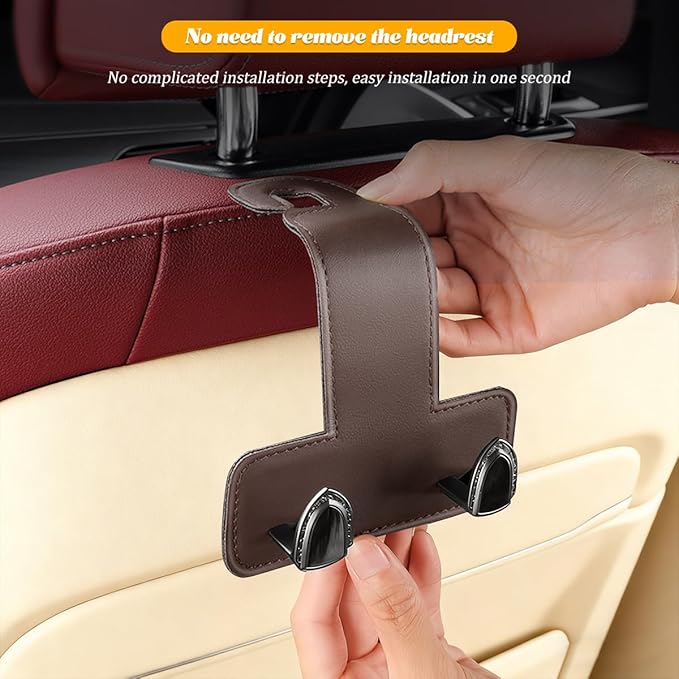 2PCS Car Headrest Hook, Dual Hook Leather Vehicle Back Seat Storage Organizer for Handbag Purse Hat, Multifunction Automotive Seat Back Hanger Holder, Universal for Most Vehicles (Coffee)