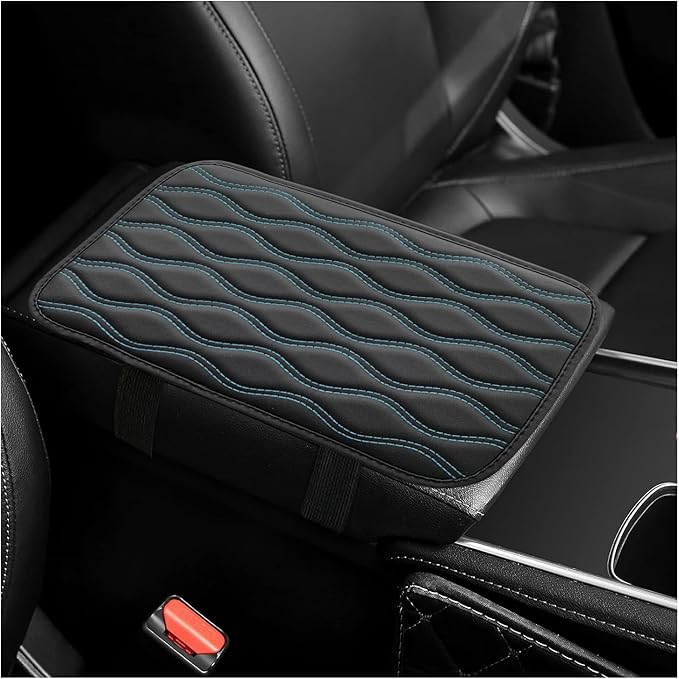 Car Center Console Pad, Waterproof PU Leather Auto Armrest Box Cover, Comfortable Vehicle Arm Rest Protector Cushion Pad for Car SUV, Universal Car Accessories (Black+Blue)