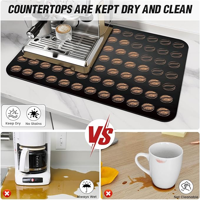 DK177 Coffee Mat - Dish Drying Mat for Kitchen Counter , Hide Stain, Absorbent with Waterproof Rubber Backing, Fit Kitchen Dish Rack Bar Accessories, 24" x 16"