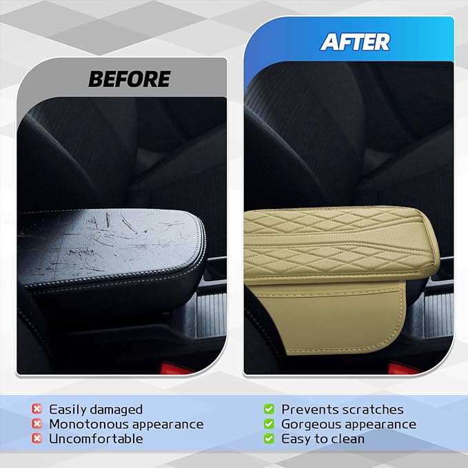 Car Center Console Cover, 11.8"×6.7" Leather Armrest Cover for Cars, Multifunctional Auto Armrest Cushion Pad with Storage Pocket, Universal Arm Rest Protector Car Accessories (Beige)