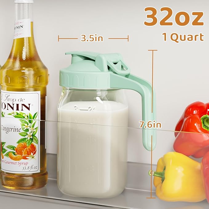 Breast Milk Pitcher, Mason Jar 32 oz, Heavy Duty Wide Mouth Jar with Green Flip Cap Lid and Pour Spout, Airtight Seal for Freshness and Convenience, Great for Cold Beverages and Home Entertaining