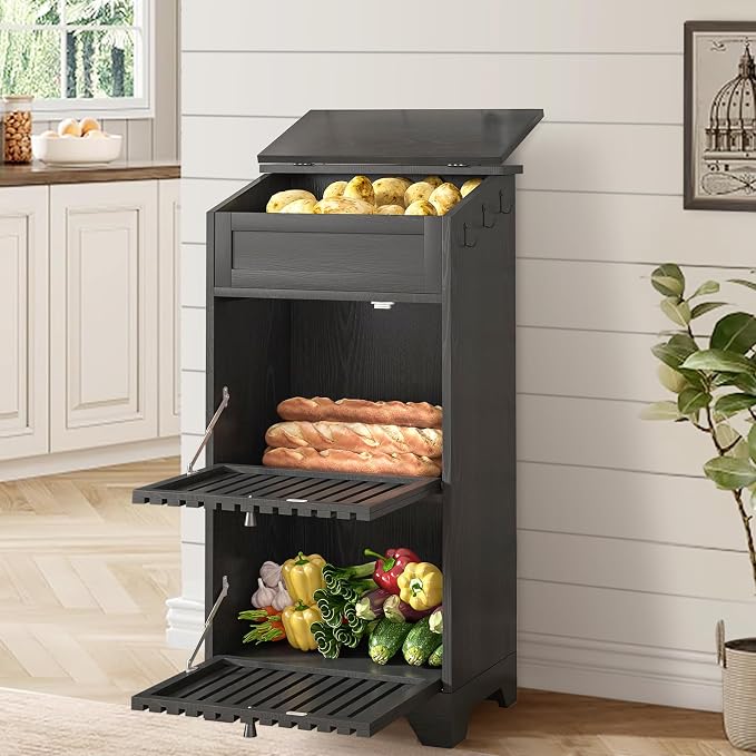 Onion and Potato Storage Bin Box, Farmhouse Fruit and Vegetable Storage, Small Food Kitchen Pantry Cabinet for Snack, Large Bread Box for Homemade Bread, Black Potato Bins