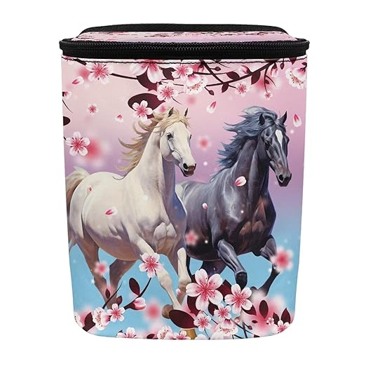 Horse Animal Car Trash Bin Bag with Pink Cherry Blossom,Hanging Auto Garbage Can Waste Storage Bag Universal Fit Most Vehicle Truck SUV,Durable and Leak Proof