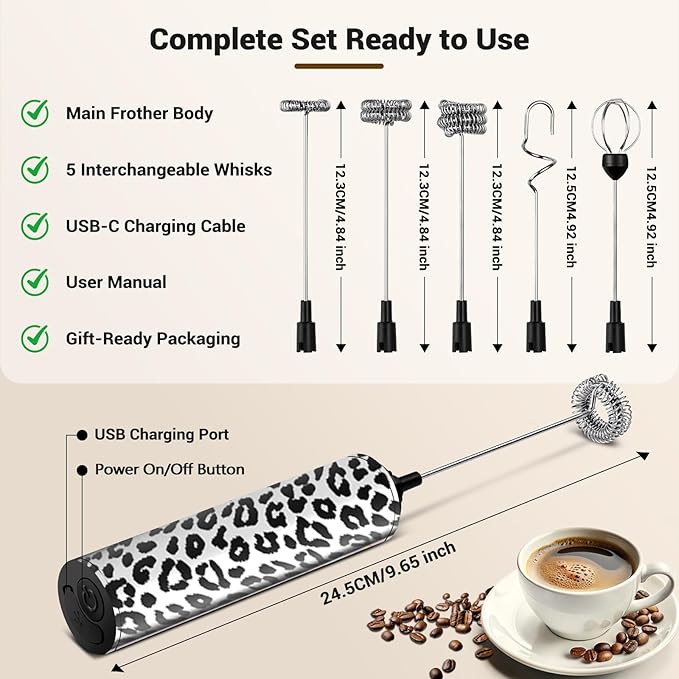 Milk Frother Handheld Rechargeable - 2-Speed Electric Whisk with 5 Detachable Heads (Frother/Mixer/Whisk) for Coffee, Latte, Cappuccino & Matcha, Drink Mixer (Flower 17)