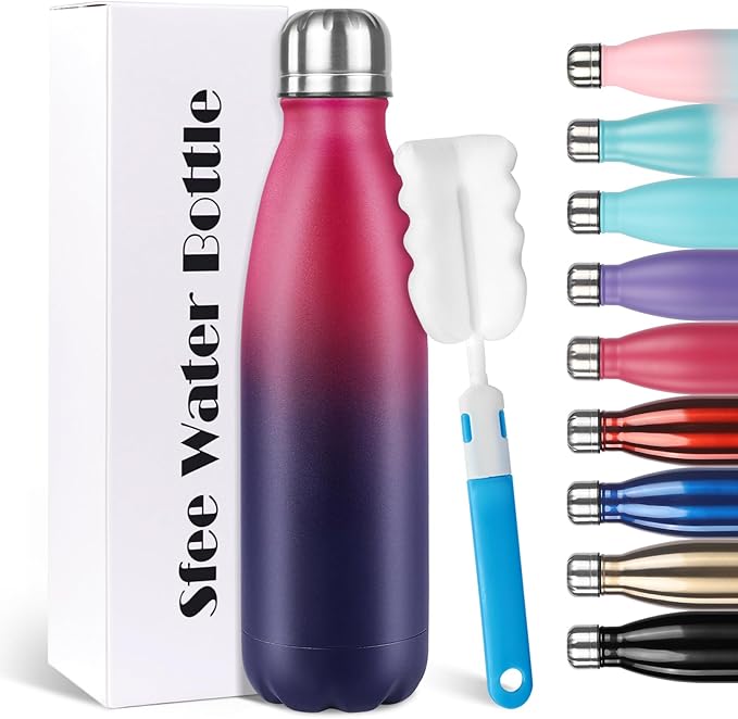 Sfee Insulated Water Bottle, 17 oz Stainless Steel Water Bottles, Double Wall Vacuum Reusable Water Bottles Leak Proof BPA-FREE Sports Bottle Cup Keep Hot&Cold for Running Gym Workout Cycling Kids