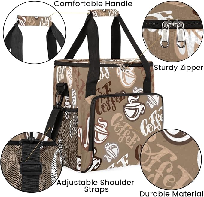 Coffee Time Coffee Maker Carring Bag Hand Drawn Coffee Travel Carrying Storage Tote Bag Compatible with Keurig K-Mini or K-Mini Plus Portable Single Serve Coffee Brewer Case with Pockets for K-cup Pods