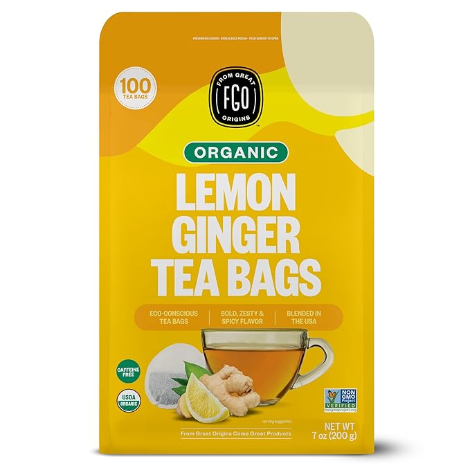 FGO Organic Lemon Ginger Tea, 100 Count, Eco-Conscious Tea Bags, Resealable Bag, Caffeine Free, Packaging May Vary (Pack of 1)