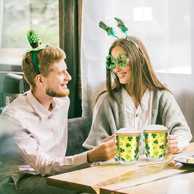 JarThenaAMCS St. Patrick's Day Coffee Mugs with Handle Shamrock Double Wall Glass Insulated Glasses 12Oz Clear Espresso Cups for Cappuccino Latte Tea Home Holiday Supplies, Set of 2
