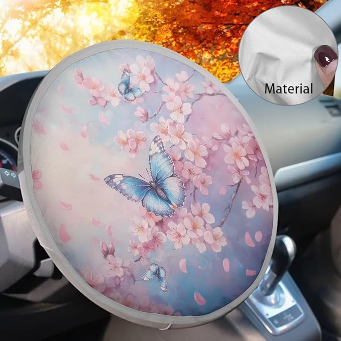 Butterfly Cherry Flower Pattern Steering Wheel Sun Shade Cover, Decorative Accessories for Women Universal Steering Wheel UV Rays Sun Visor Protector Universal Fit Car SUV Truck Van