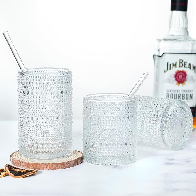 Hobnail Drinking Glasses with Straws, 15 oz & 12 oz Vintage Drinking Glasses Set of 8, Embossed Glasses Drinking Set, Textured Glass Cups for Kitchen, Beer, Juice, Cocktail, Whiskey, Milk