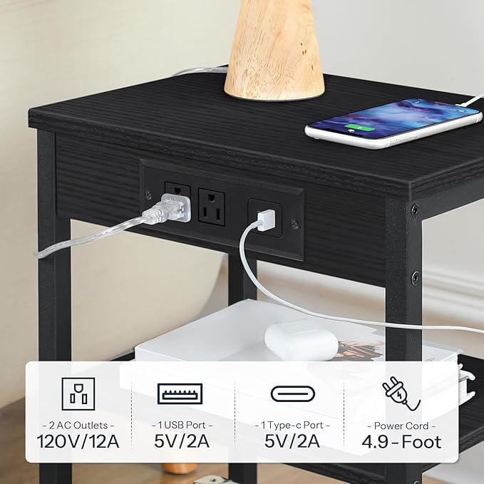 HOOBRO Side Table with Charging Station and USB Port, Small End Table for Small Space, 3-Tier Nightstand with Adjustable Shelf, for Living Room, Bedroom and Balcony, Black BB112BZ01
