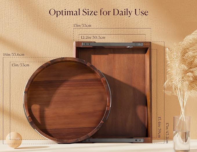 Acacia Wood Serving Tray with Metal Handles, 17x13in Food Drinks Tray for Coffee Table, Breakfast, Dinner & Bar, Rustic Decorative Storage Tray for Ottoman, Kitchen, Elegent Gift Packaging