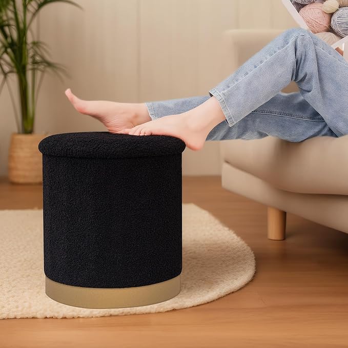 B FSOBEIIALEO Ottoman with Stroage, Round Boucle Storage Ottoman with Gold Plating Base,Foot Rest Stool for Dorm Room, Living Room Black, 14.76"x14.76"x16.34"