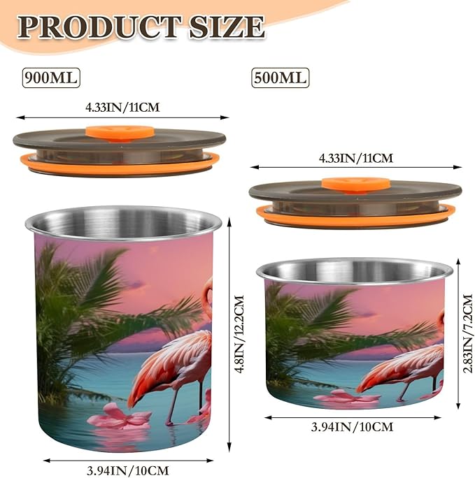 YETTASBIN Flamingo Airtight Food Storage Containers 900ml/30oz, Stainless Steel Coffee Canisters with Vacuum-Lock Lid for Kitchen Organization, Coffee Bean, Tea, Sugar, Flour