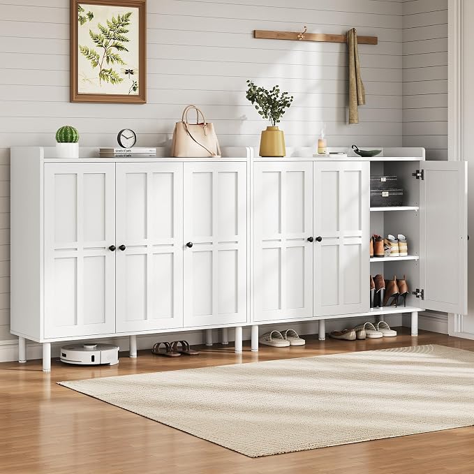 ONBRILL Shoe Cabinet with 3 Doors and Adjustable Shelves, 30 Pairs Shoe Storage Cabinet, 40 Inch Tall Farmhouse Shoe Rack Shoe Organizer Cabinet for Entryway Living Room Closet, White