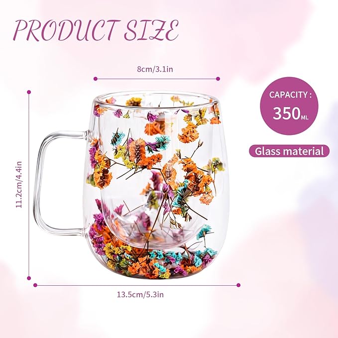 Double Wall Glass Coffee Mug, Clear Flower Tea Cup with Handle, Insulated Glass for Hot and Cold Drinks, Heat Resistant Glass Cup for Latte Cappuccino Espresso 350ml