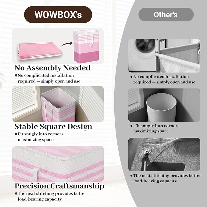 WOWBOX 2 Pack Laundry Baskets, Laundry Hampers, Freestanding Dirty Clothes Hampers with Reinforced Handles & Cross Stitch & Waterproof Coating, for Laundry Bedroom Bathroom Dorm,125L Pink