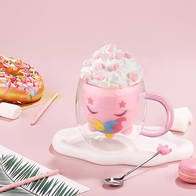 ecooe Cute Unicorn Mug Double Walled Glass Mug 9.4oz Coffee Cup Cappuccino Latte Glass Milk Tea Cup with Handle Spoon, Birthday Christmas Thanksgiving Day for Women Wife Mum Kids Friends Teachers