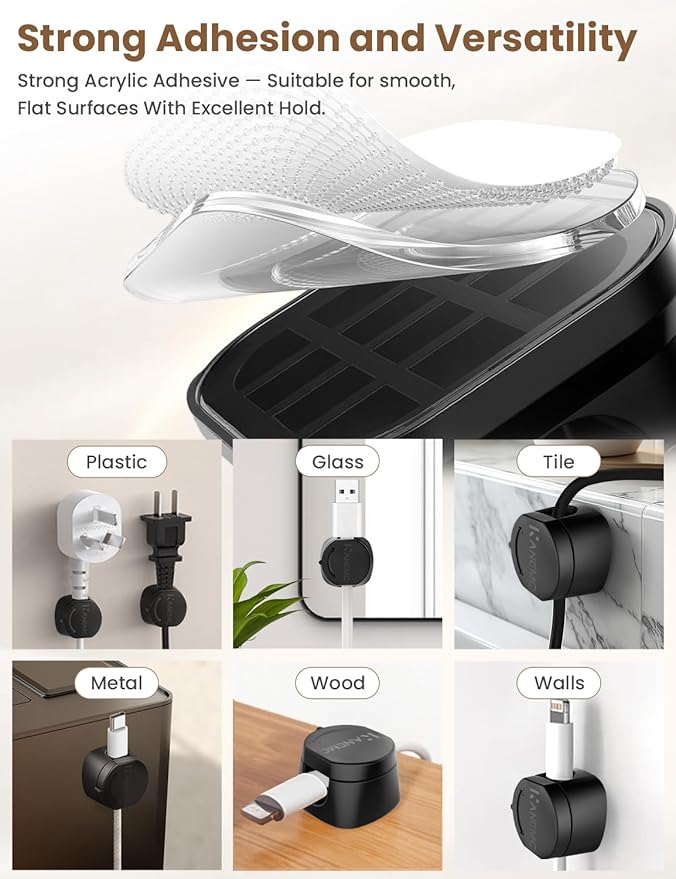 Kanemc Cable Clips Cord Holder for Desk, 360° Spin Magnetic Wire Organizer Self Adhesive Cord Management for Office Desks Cars Home Kitchen Electronic Accessory (Black, 9 PCS)