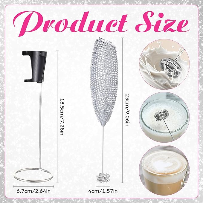 Rhinestone Milk Frother with Stand Sparkly Handheld Battery Operated Electric Foam Maker with Bling Handle, Single Coil Head Whisk Coffee Drink Mixer for Lattes Matcha(Silver)