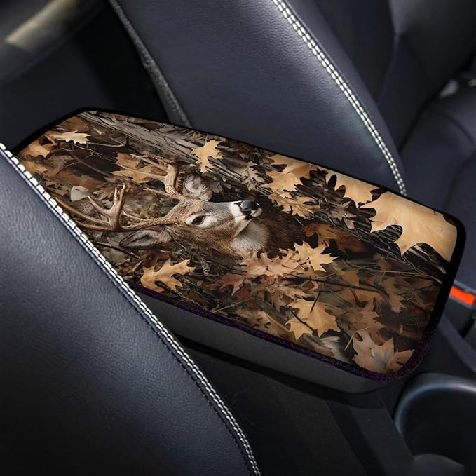 Camo Hunting Deer Car Center Console Cover Soft Protector Armrest Console Cover Car Center Console Cover Accessories Universal Fit Most Cars Women Men