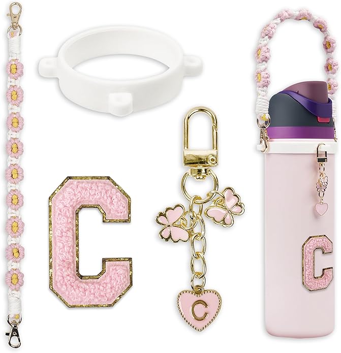 Compatible with Owala Water Bottle Accessories, Cute Letter Charm Set with Boho Handle Strap, Monogram Sticker, Silicone Ring, Keychain Decoration, for FreeSip 24 32 40oz, Owala Kids, Tumbler Gift