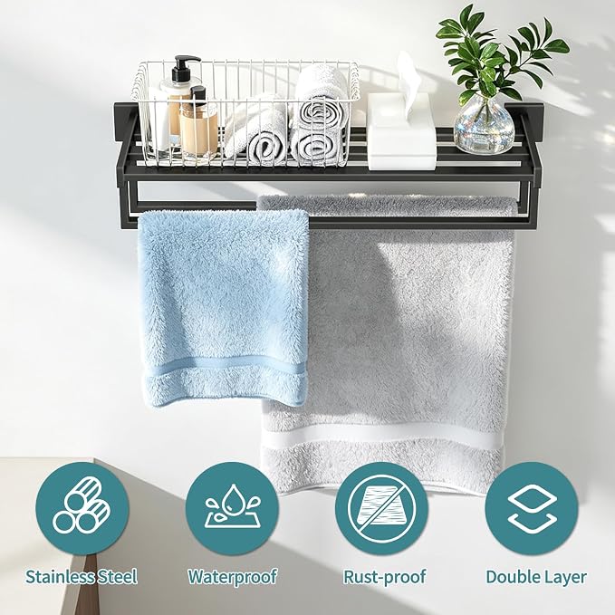 Towel Racks for Bathroom Wall Mounted, 24 Inch Double Towel Bar, Dual Towel Rack with Shelf, Stainless Steel Hand Towel Hanger, Bath Towel Holder for Wall, Black