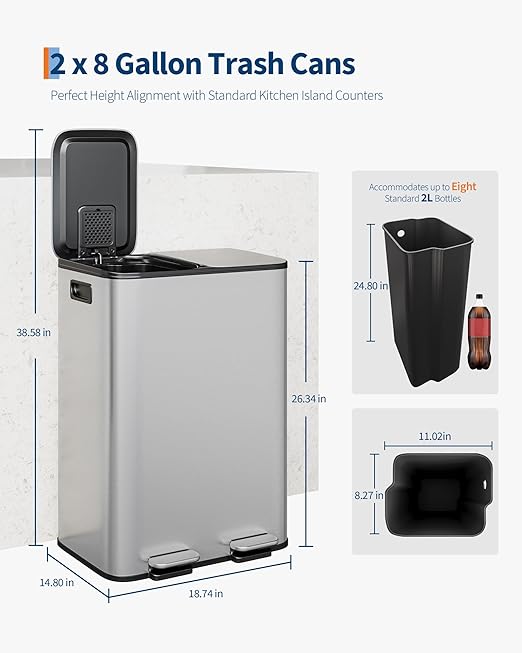Garvee 2-in-1 Kitchen Trash and Recycle Combo, 30L (2 x 8 Gal) Stainless Steel Step Trash Can with Soft-Close Lid, Dual Compartment Garbage Bin for Kitchen