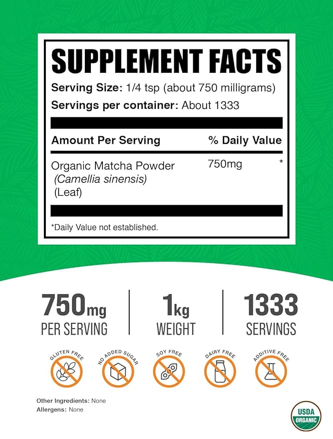 BulkSupplements.com Organic Matcha Powder - Matcha Powder for Latte, Culinary Grade Matcha - Organic & Gluten Free, 750mg per Serving, 1kg (2.2 lbs) (Pack of 1)